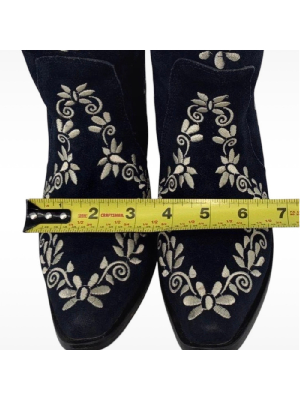 Women's Agave Sky Western Heeled Boots Navy White Embroidered Size 7 Boho Glam - Picture 9 of 9